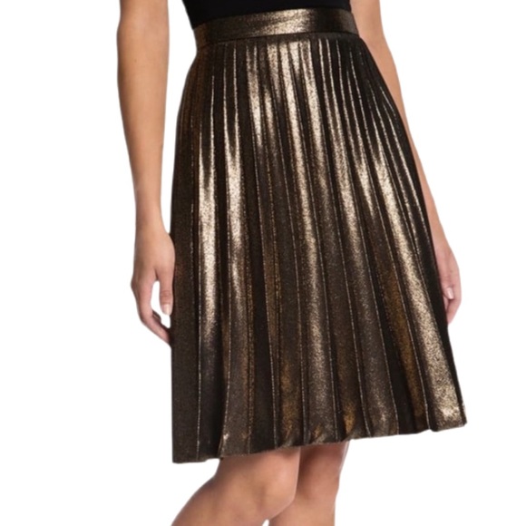 KATE SPADE Black & Gold Pleated Zip Up Midi Skirt